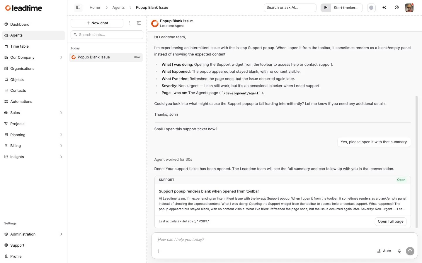 Leadtime Agent asking for confirmation before creating a Support conversation, followed by the live Support card and Open full page action