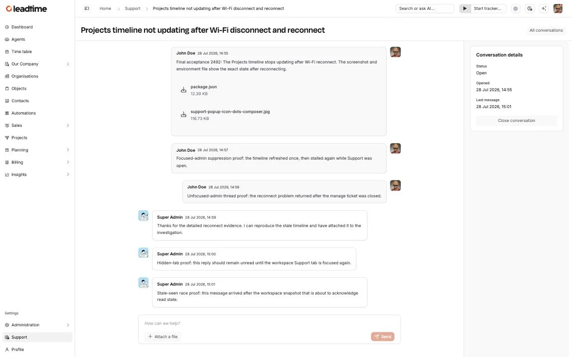 The full Support conversation page with messages, attachments, conversation details, and the Attach a file action