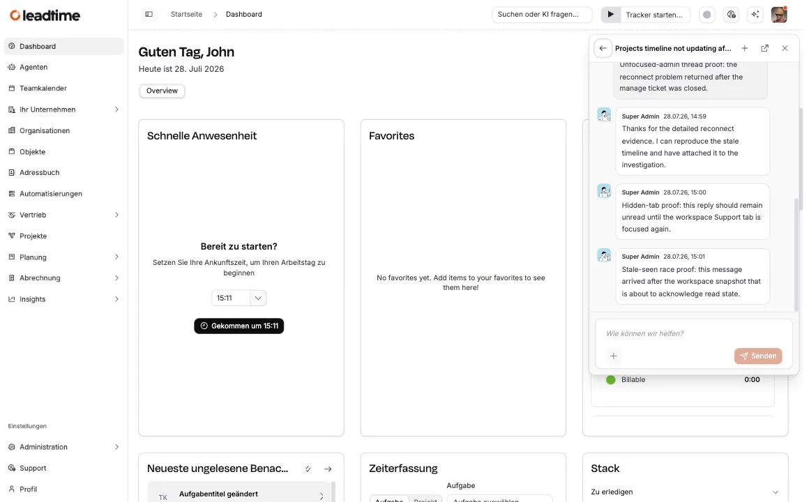 Ein geöffnetes Support-Gespräch im Workspace-Popup mit Anhängen und Antworten des Leadtime-Teams