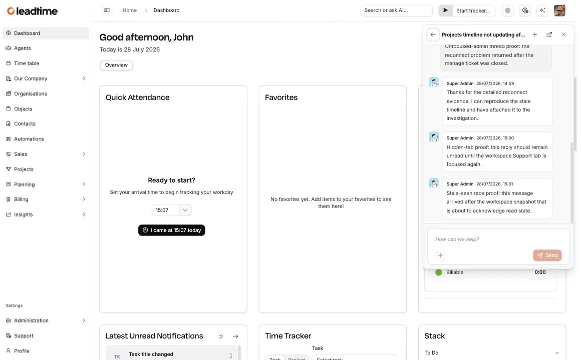 An open Support conversation in the workspace popup, including attachments and replies from the Leadtime team