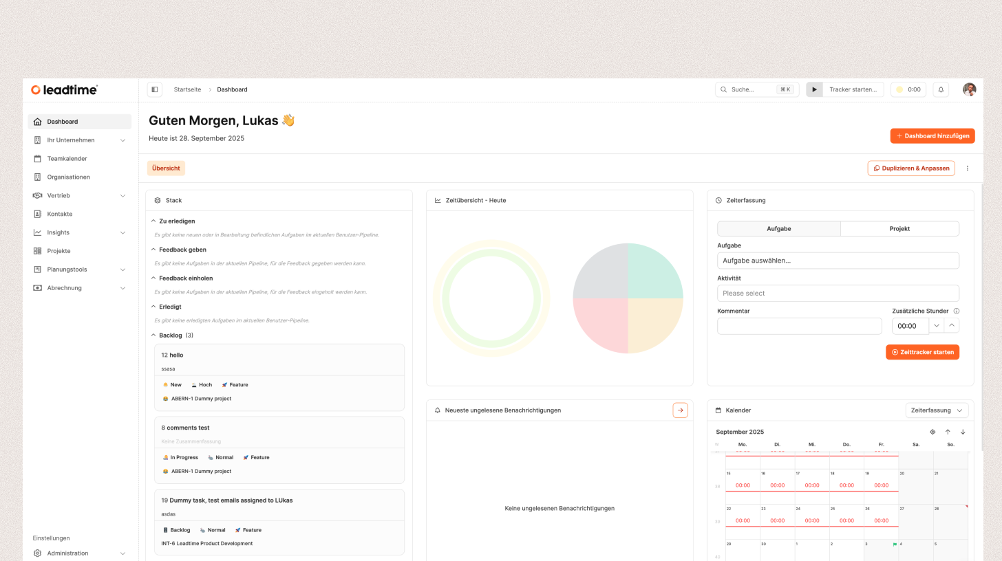 The three areas of the Leadtime interface