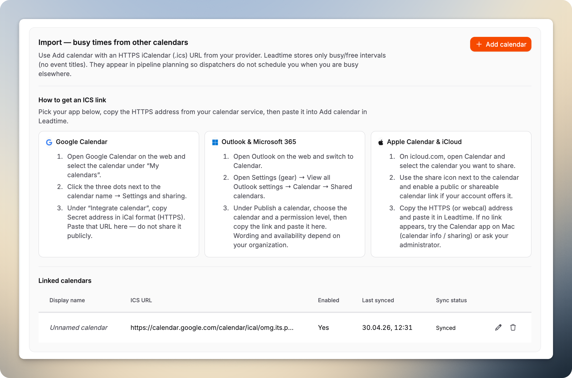 Profile – Calendar Sync – Import busy time