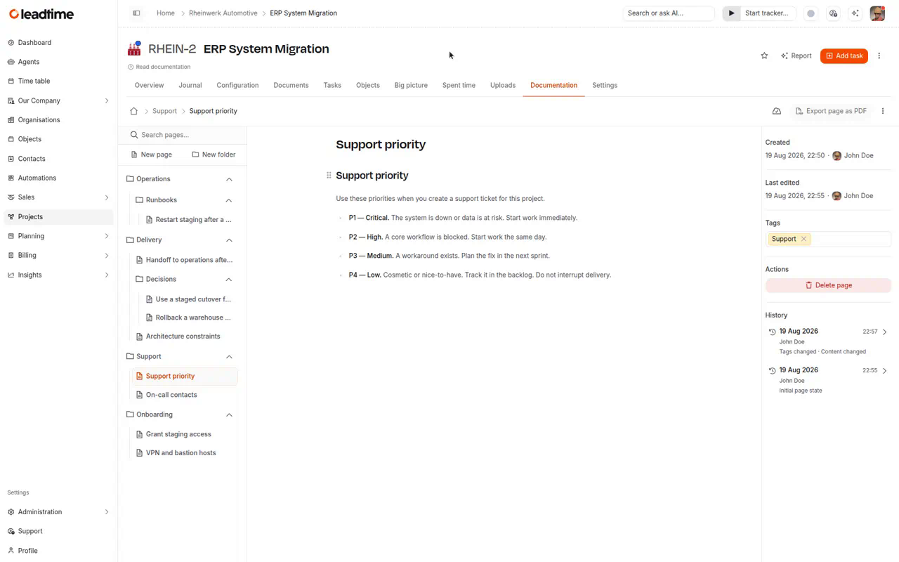 Project documentation workspace with tree, open page, and details